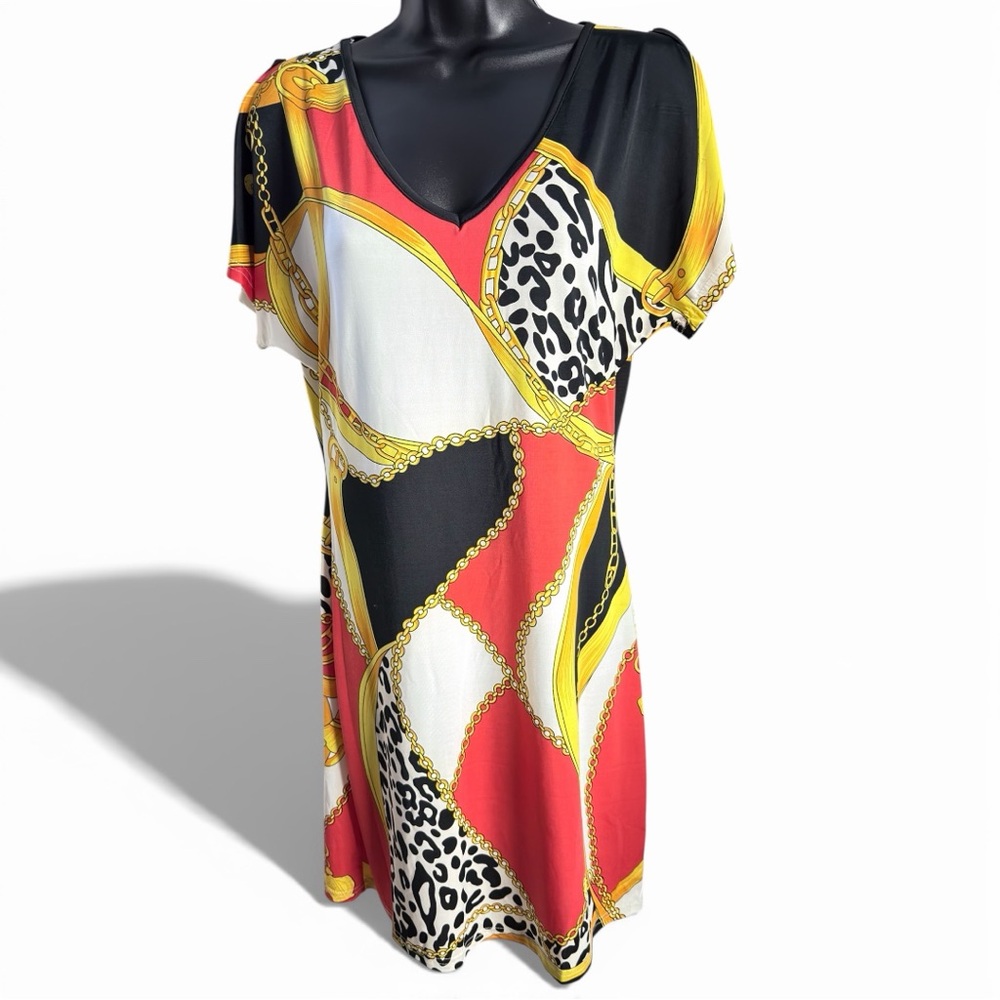 India Boutique Leopard & Gold Chain Scarf Print V-Neck Fitted Mini Dress